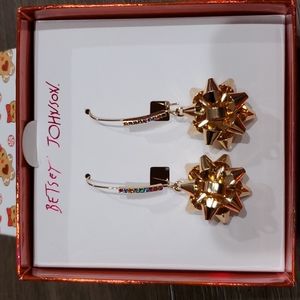 Betsey Johnson Gold Colored Holiday Bow Dangle Earrings